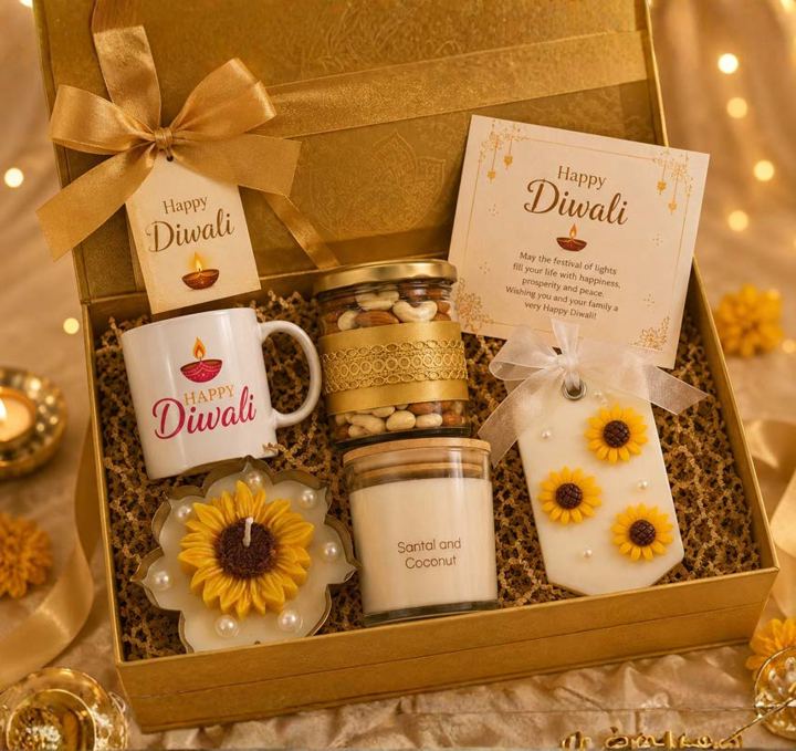 Corporate Diwali hamper with candle, mug and dry fruits